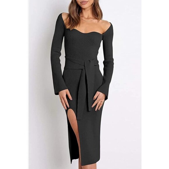 Black Ribbed Knit Tie Front Bodycon‎ Long Sleeve Belted Midi Sweater Dress - Picture 1 of 6